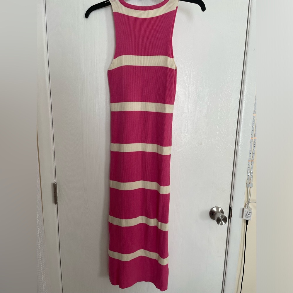 Pink and cream striped body con dress